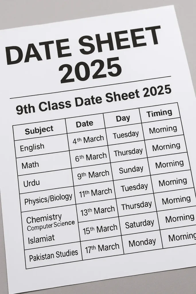 9th class date sheet 2025