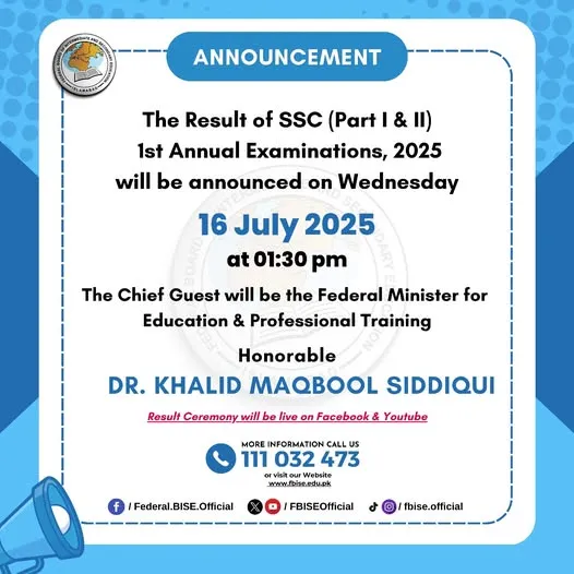 FBISE Matric Result 2025 for Class 9 &10 to Be Announced on July 16